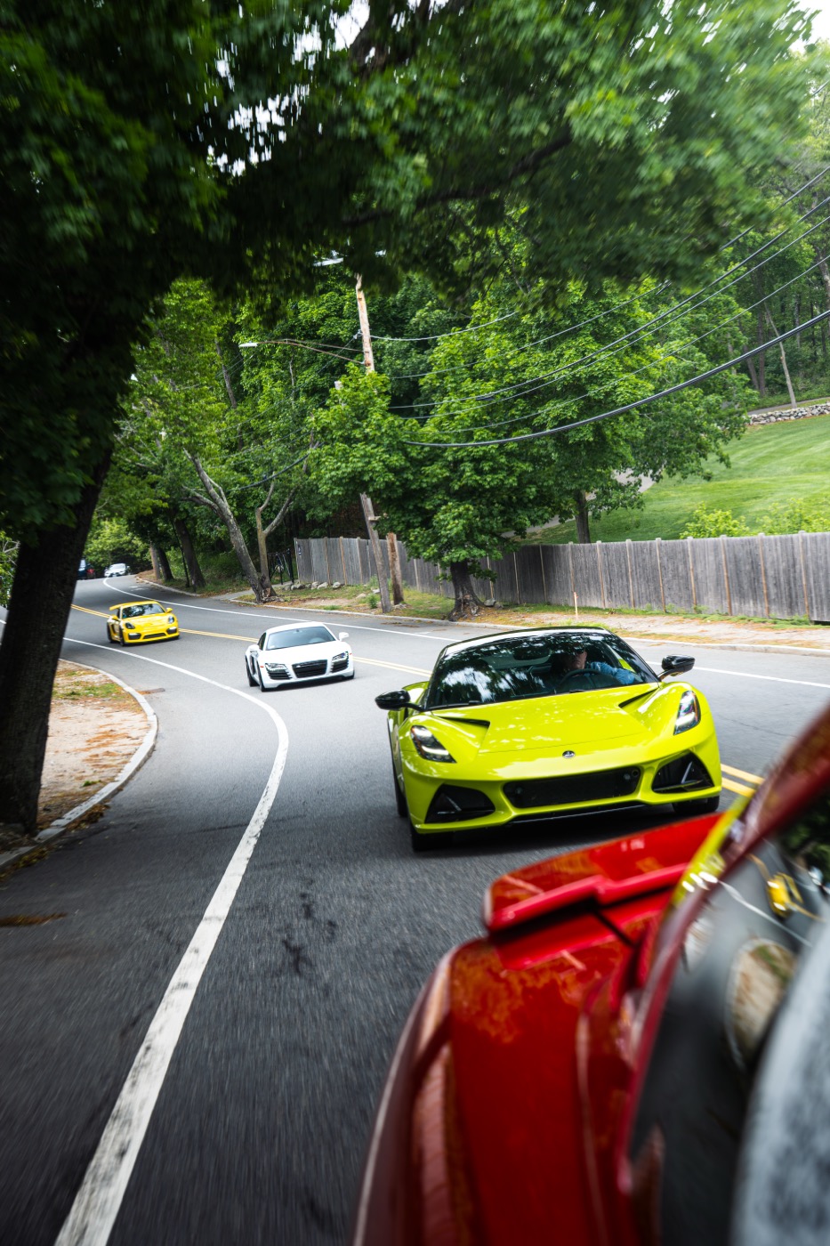 The convoy on a scenic backroad